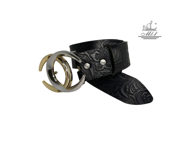Handmade casual leather belt in black colour with flower design . 101588/40B/LD