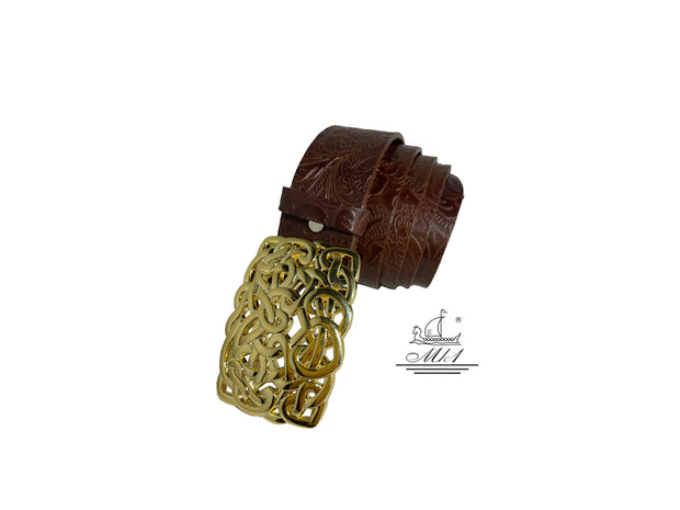 Women's 4cm wide belt handcrafted from brown leather with flower design. 100148/40Gbr/LD