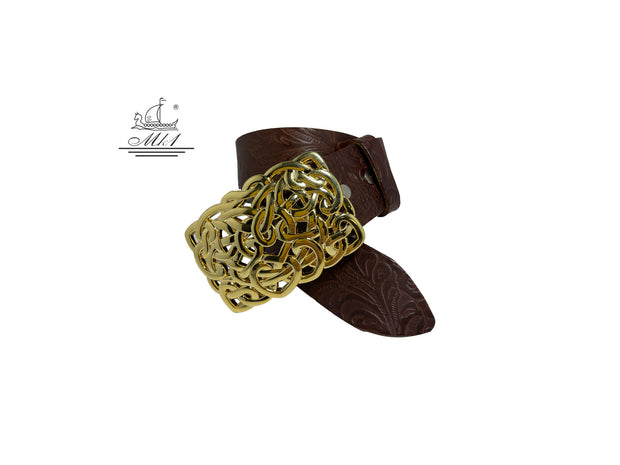 Women's 4cm wide belt handcrafted from brown leather with flower design. 100148/40Gbr/LD