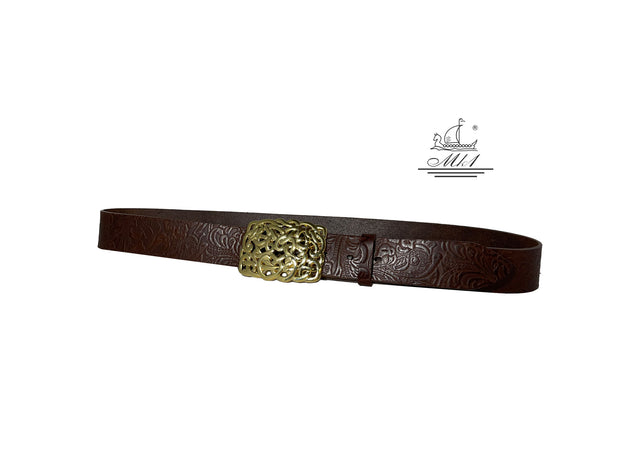 Women's 4cm wide belt handcrafted from brown leather with flower design. 100148/40Gbr/LD