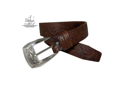 Unisex 4cm wide belt handcrafted from brown leather with flower design.A003/35BR/LD