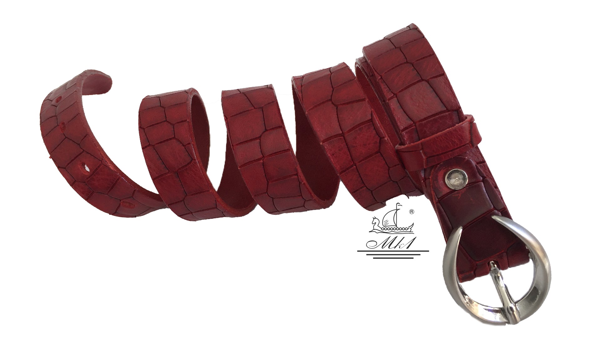 Women's thin belt handcrafted from red natural leather with croco design 101589/25Nrd-kr