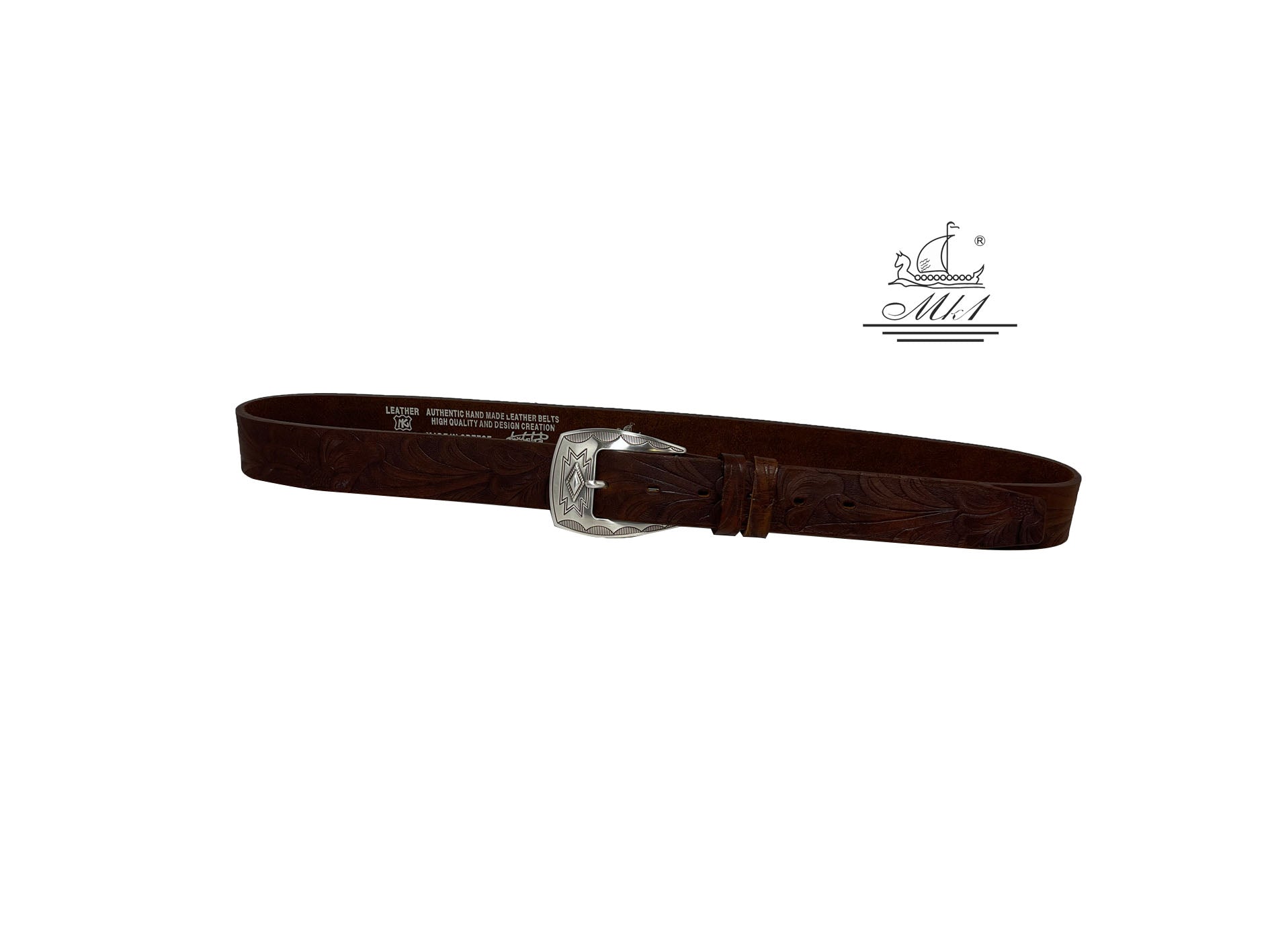 Unisex 4cm wide belt handcrafted from brown leather with flower design.A003/35BR/LD