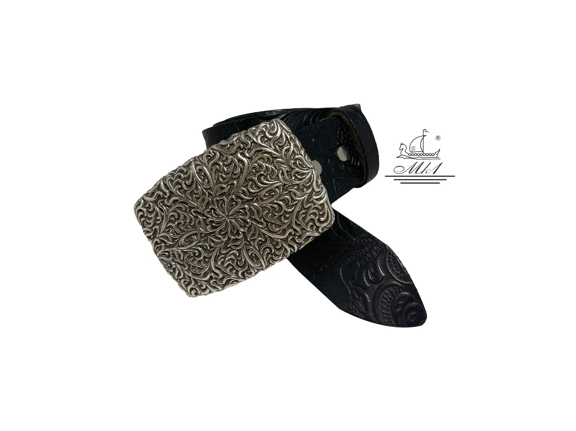 Women's 4cm wide belt handcrafted from black leather with flower design. 100167/40bl/LL