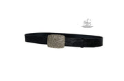 Women's 4cm wide belt handcrafted from black leather with flower design. 100167/40bl/LL