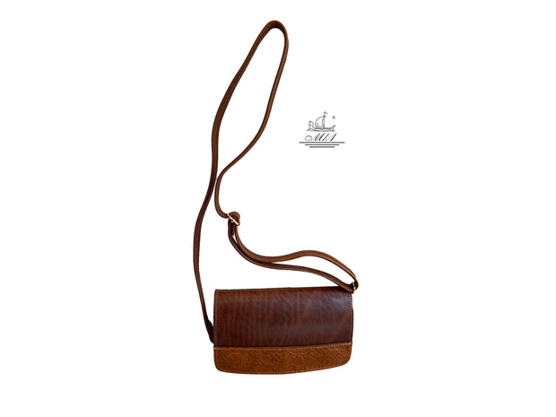 "Oneiros" - small crossbody bag handcrafted from natural black leather with flower design WT/58TB