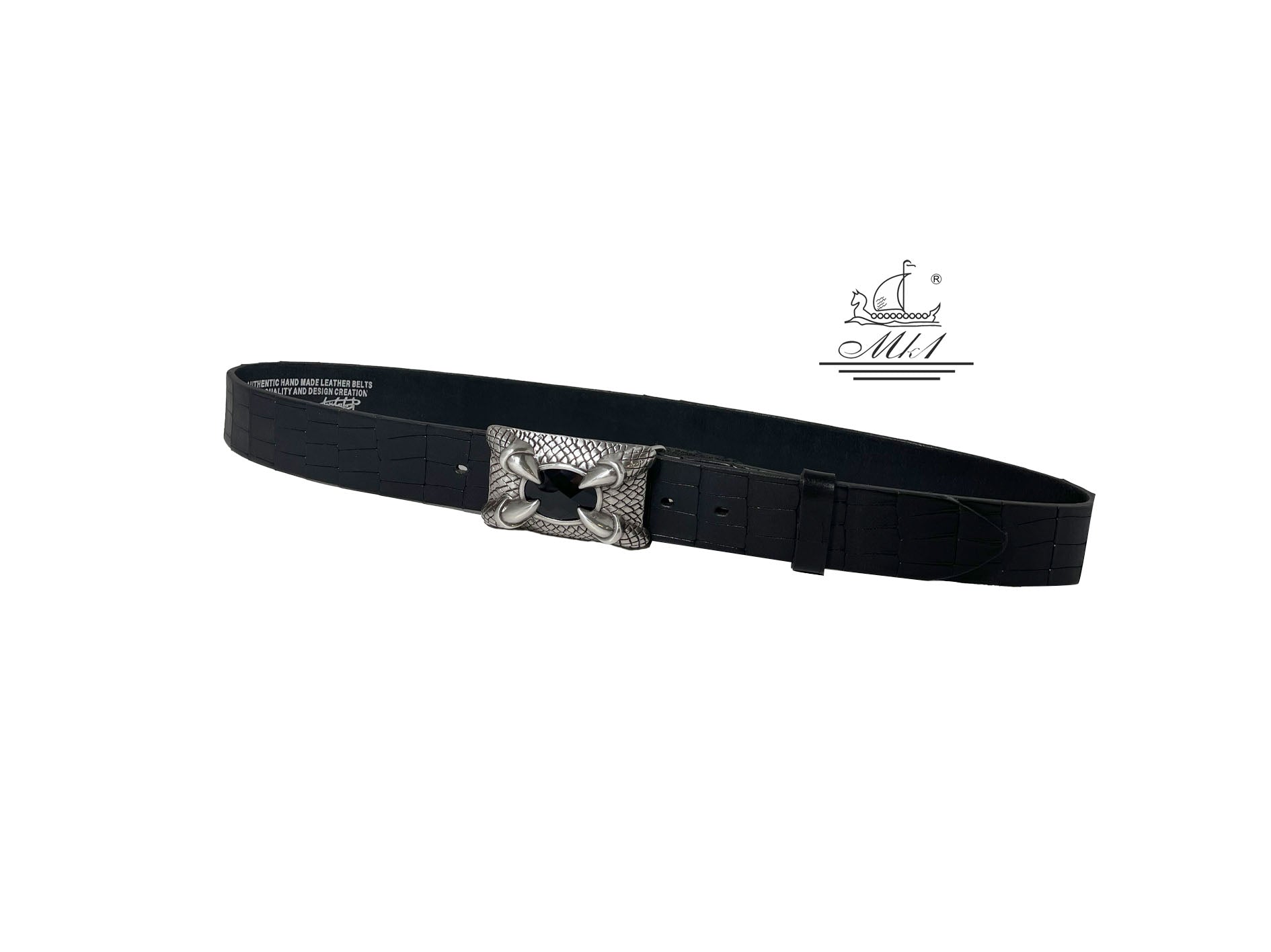 Unisex 4cm wide belt handcrafted from black leather with croco design. 101120/40B/KR