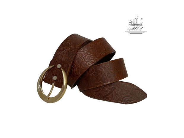 Women's wide belt handcrafted from cognac natural leather with floral design. 101589/40k-ll