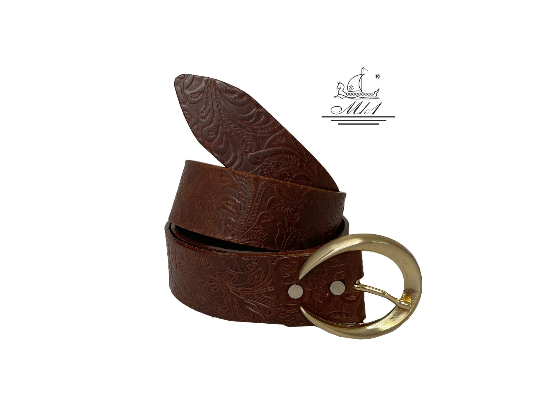 Women's wide belt handcrafted from cognac natural leather with floral design. 101589/40k-ll