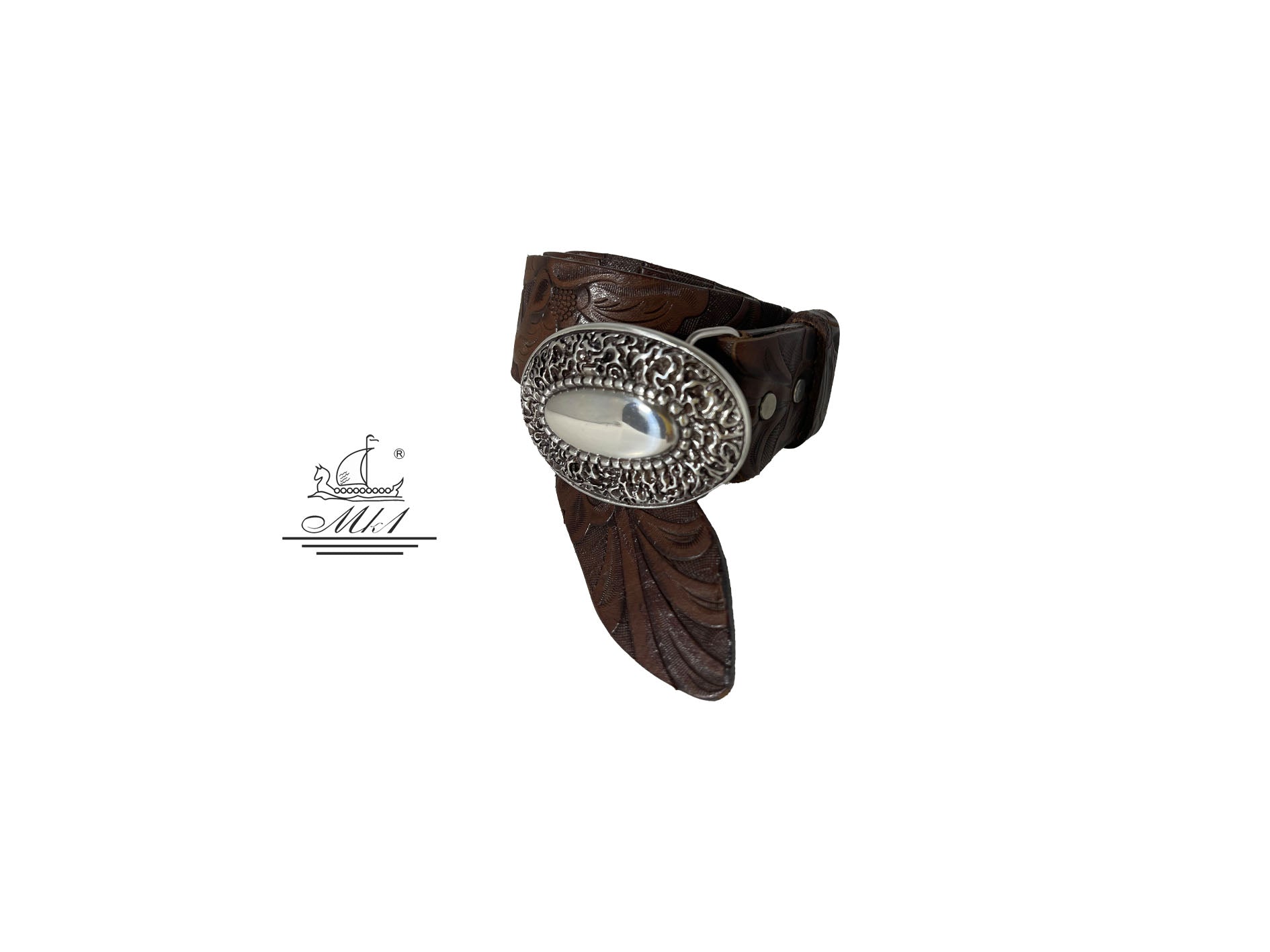 Unisex 4cm wide belt handcrafted from brown leather with flower design. 101134/40BR/LD