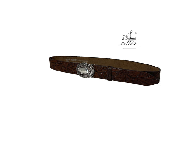 Unisex 4cm wide belt handcrafted from brown leather with flower design. 101134/40BR/LD