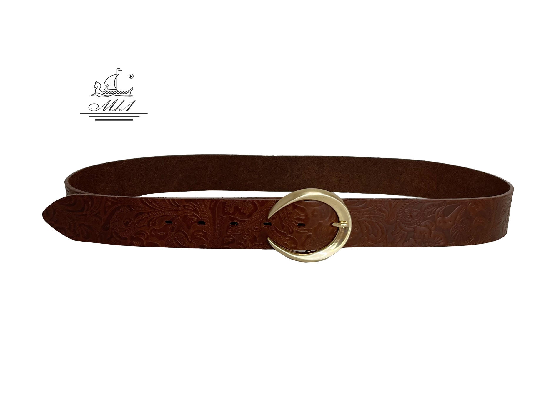 Women's wide belt handcrafted from cognac natural leather with floral design. 101589/40k-ll
