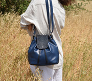 " Kalliopi " -large bag handcrafted from blue leather with flower detail. WPG/1