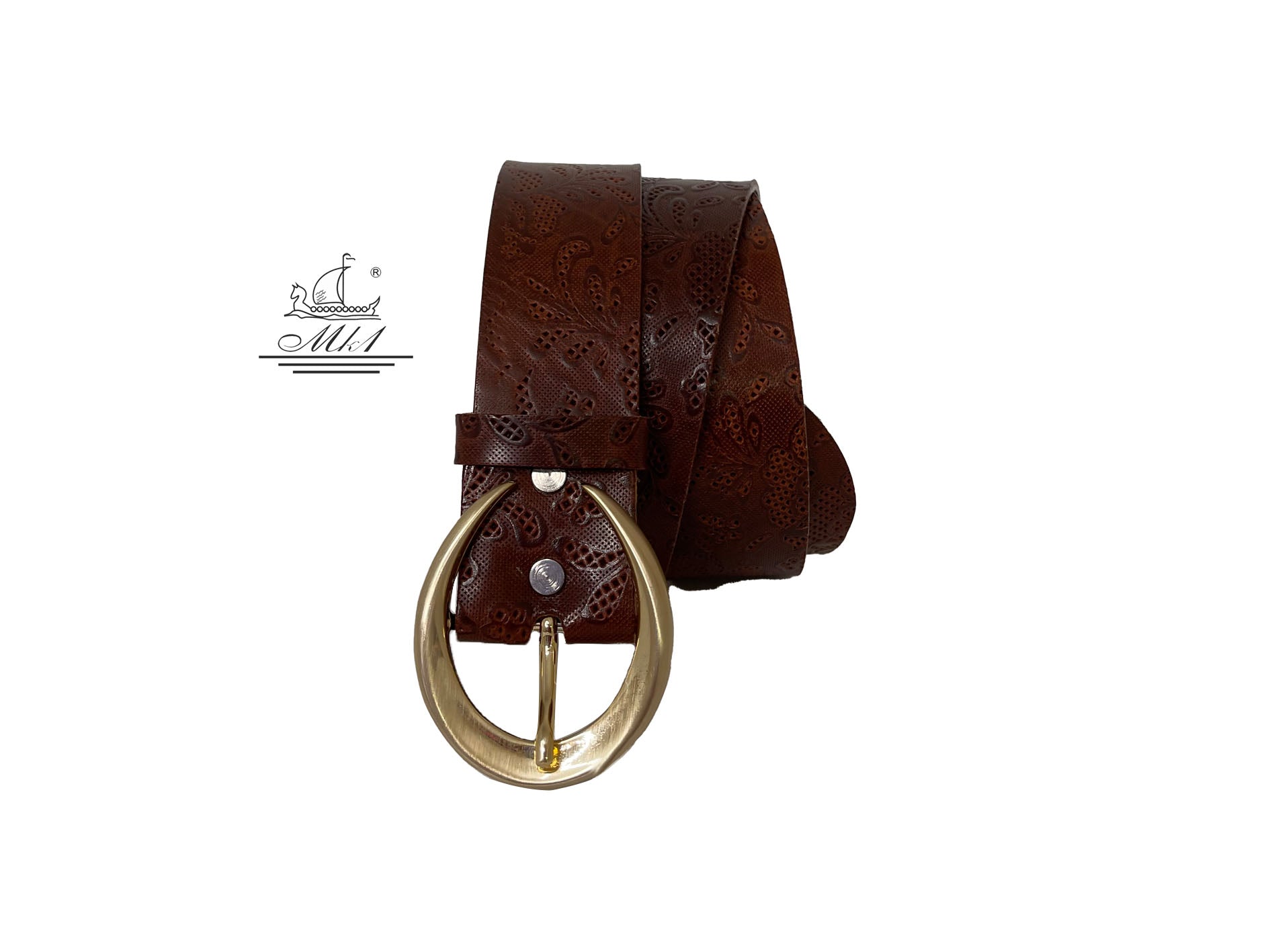 Unisex 4cm wide belt handcrafted from brown leather with flower design. 101589/40BR/LD