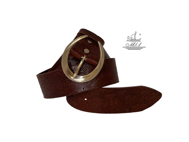 Unisex 4cm wide belt handcrafted from brown leather with flower design. 101589/40BR/LD