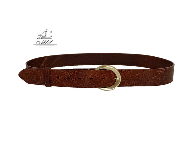 Unisex 4cm wide belt handcrafted from brown leather with flower design. 101589/40BR/LD