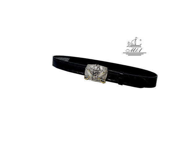 Unisex 4cm wide belt handcrafted from black leather with croco deisgn. 100584/40B/KR