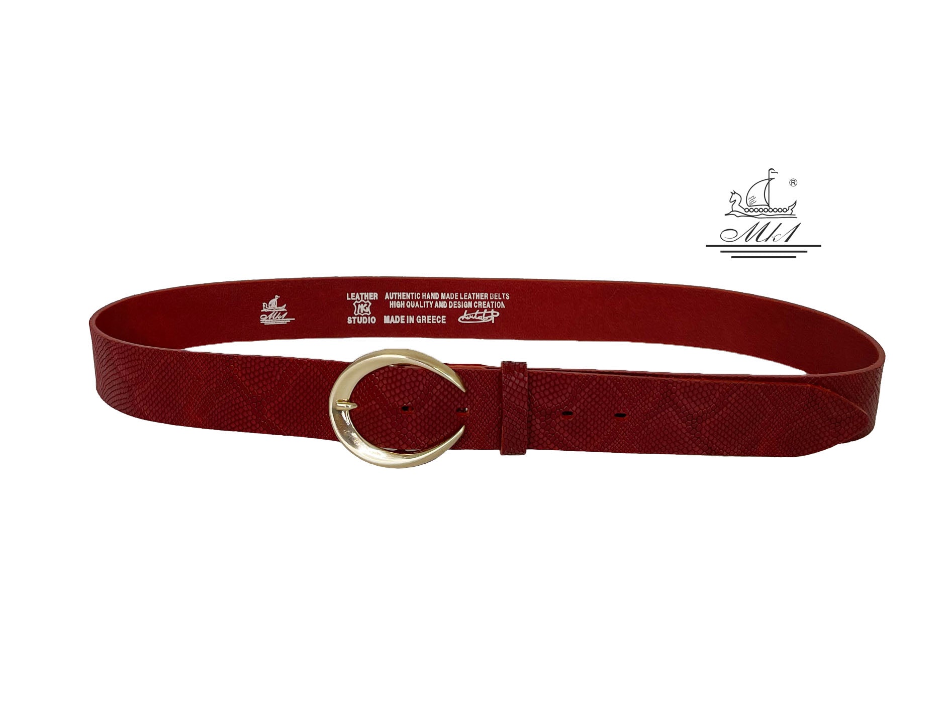 Unisex 4cm wide belt handcrafted from red leather with snake design. 101589/40RD/FD
