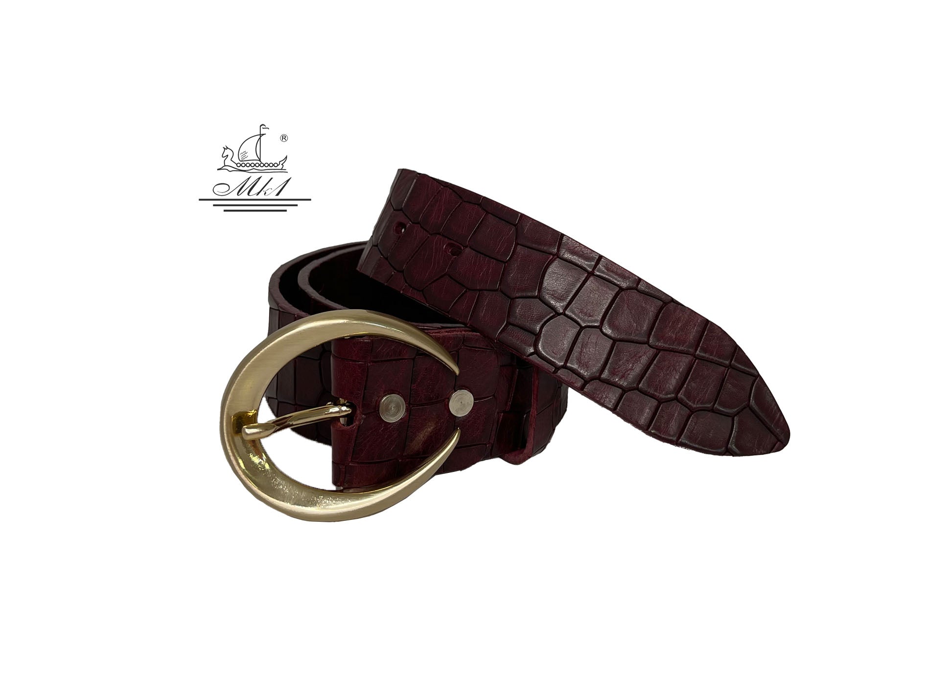 Unisex 4cm wide belt handcrafted from burgundy leather with croco design. 101589/40BG/KR
