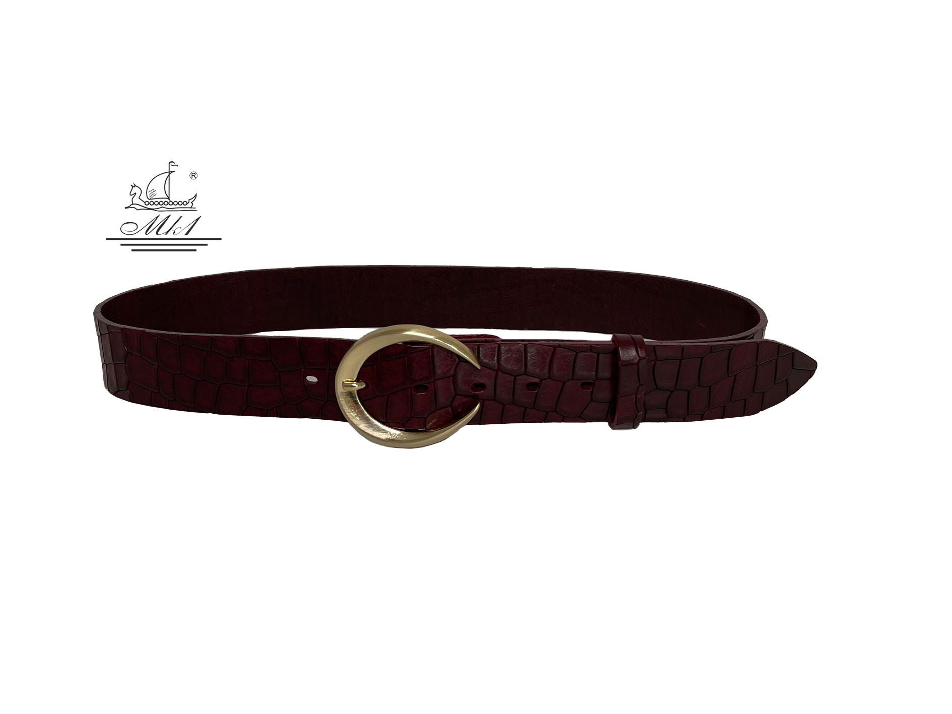 Unisex 4cm wide belt handcrafted from burgundy leather with croco design. 101589/40BG/KR