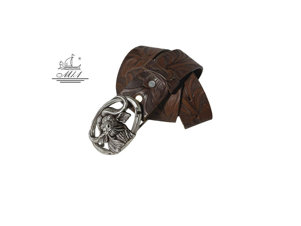 Unisex 4cm wide belt handcrafted from brown leather with flower design.100392/40BR/LD