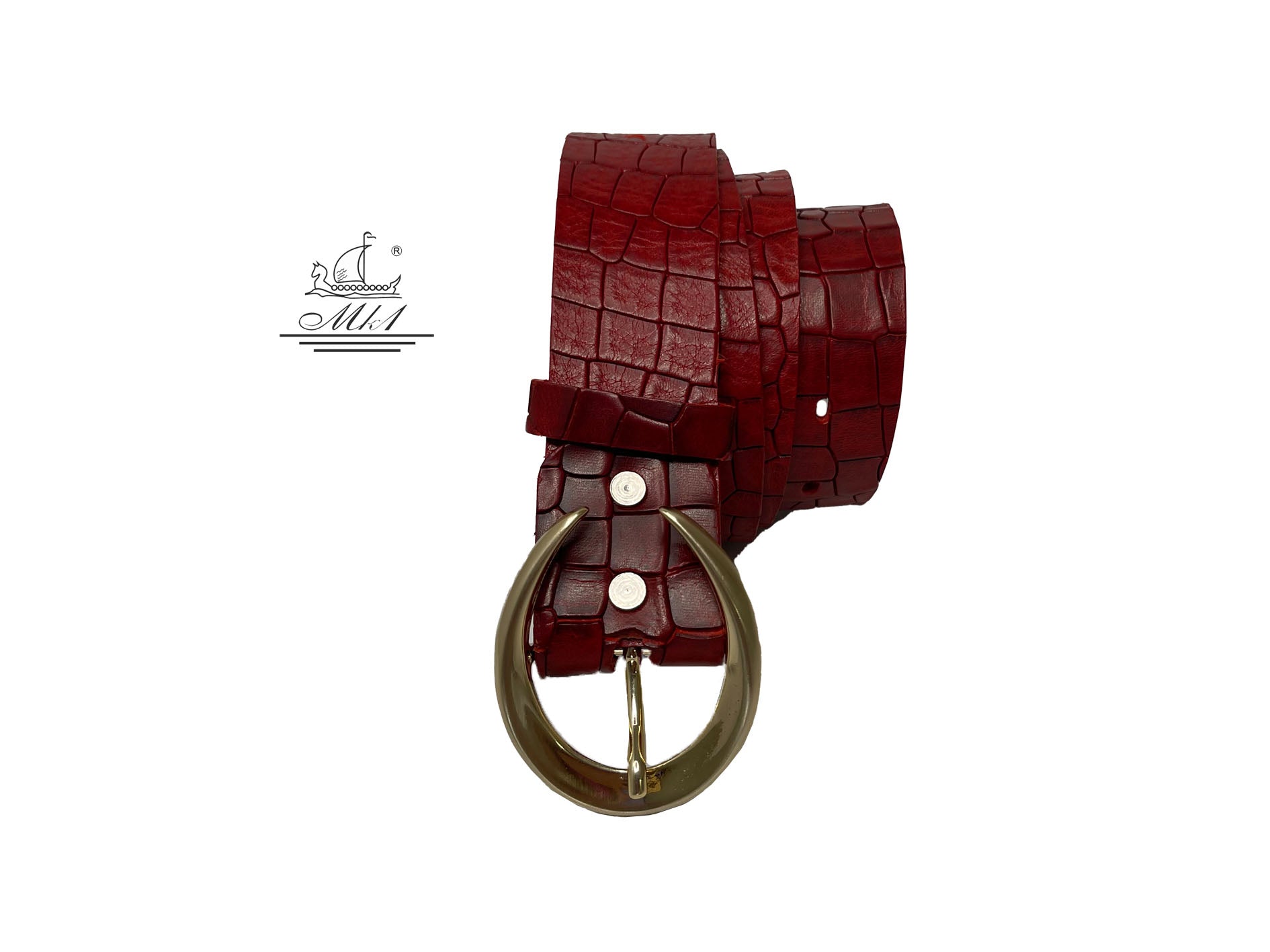 Unisex 4cm wide belt handcrafted from red leather with croco design. 101589/40RD/KR