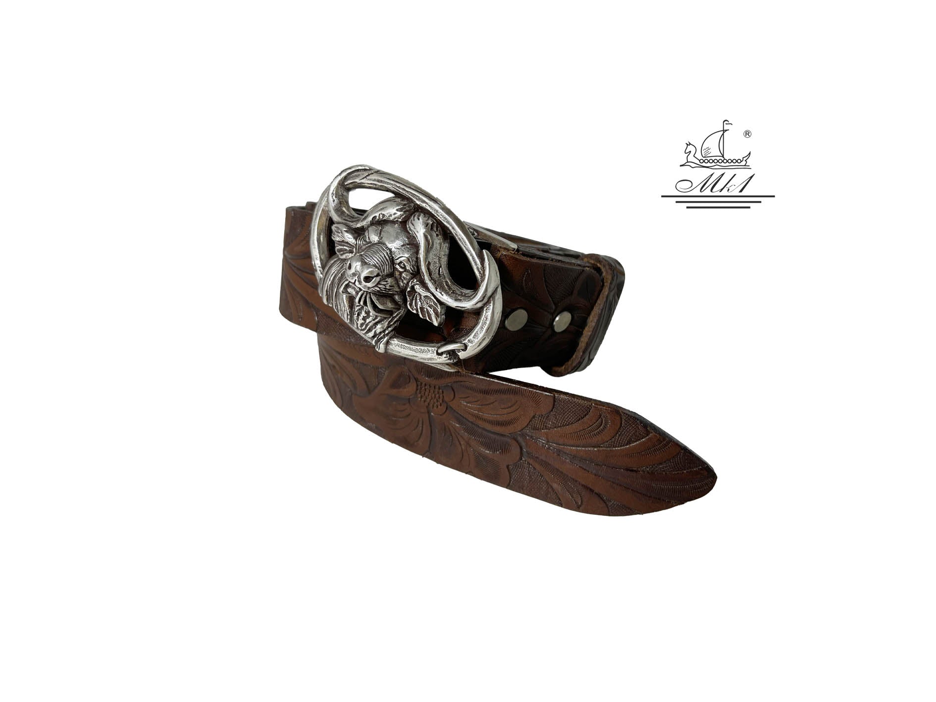 Unisex 4cm wide belt handcrafted from brown leather with flower design.100392/40BR/LD