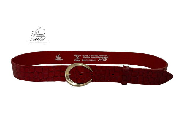 Unisex 4cm wide belt handcrafted from red leather with croco design. 101589/40RD/KR