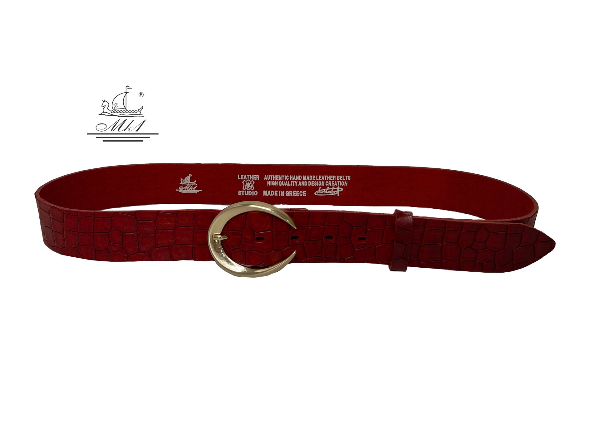 Women's wide belt handcrafted from red natural leather with animal print(croco) design. 101589/40kk-kr
