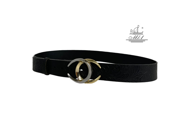 Handmade casual leather belt in black colour with flower design . 101588/40B/LD