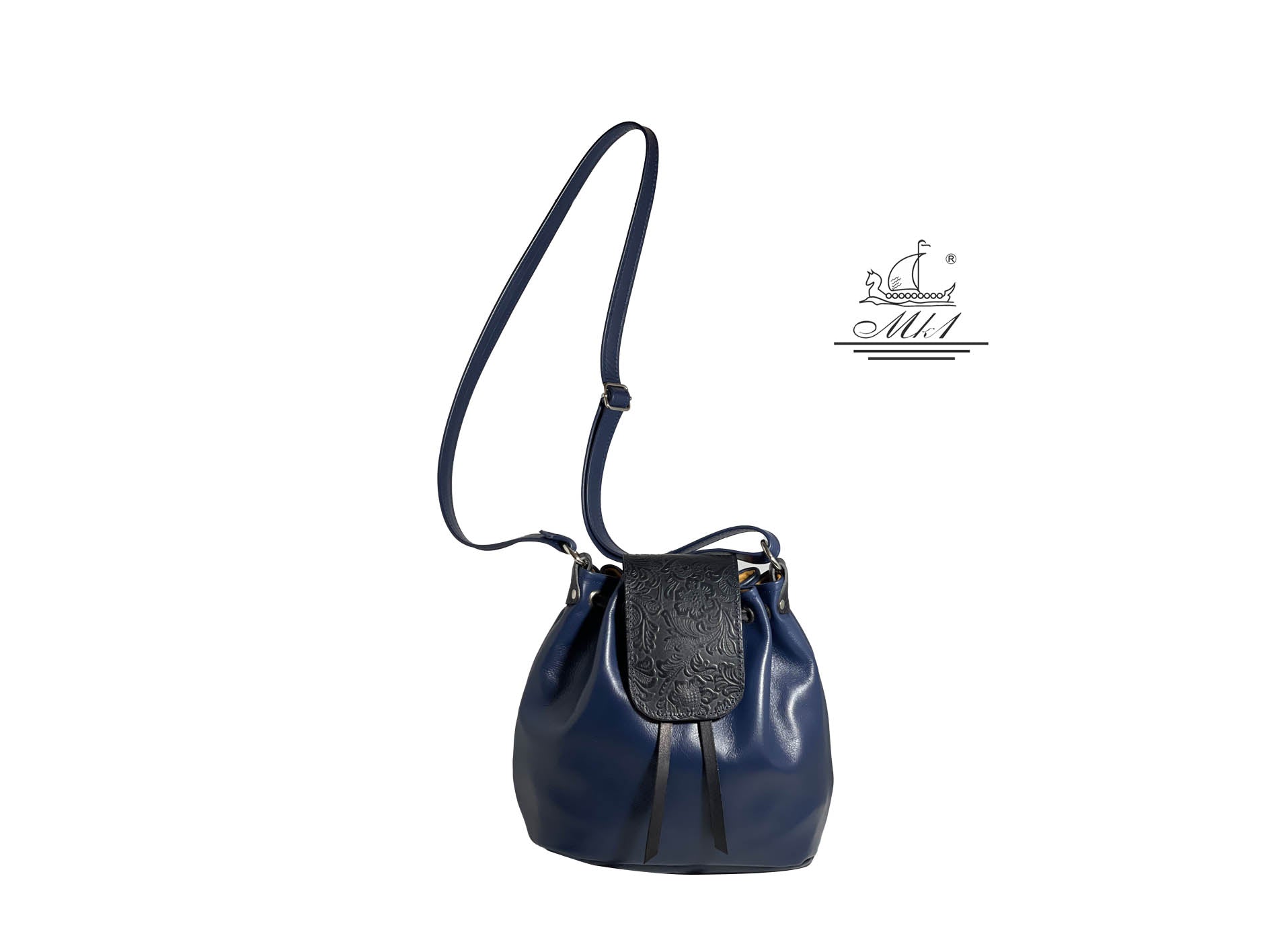 " Kalliopi " -large bag handcrafted from blue leather with flower detail. WPG/1