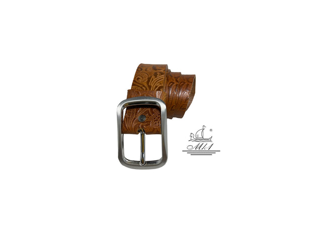 Women's 4cm wide belt handcrafted from light brown leather with flower design. 100973/40T/LL
