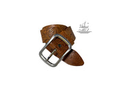Women's 4cm wide belt handcrafted from light brown leather with flower design. 100973/40T/LL