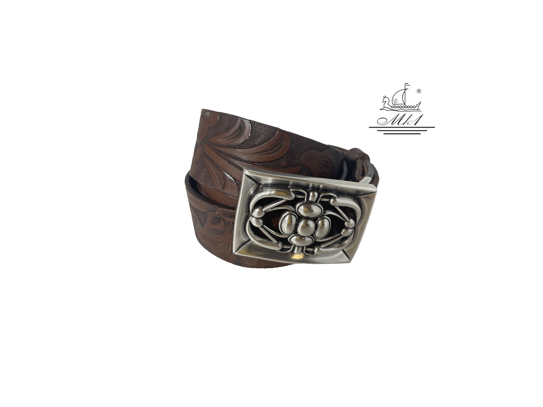 Unisex 4cm wide belt handcrafted from brown leather with flower design. 101101/40BR/LD