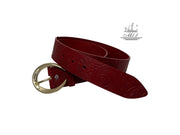 Women's wide belt handcrafted from red natural leather with floral design. 101589/40kk-ll