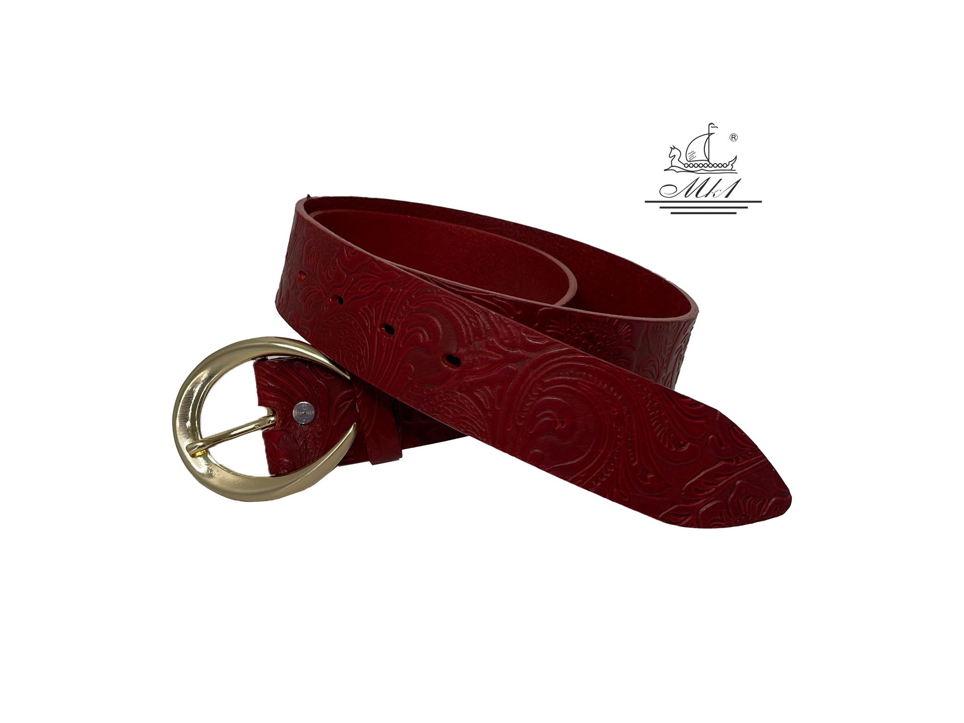 Unisex 4cm wide belt handcrafted from red leather with flower design. 101589/40RD/LD