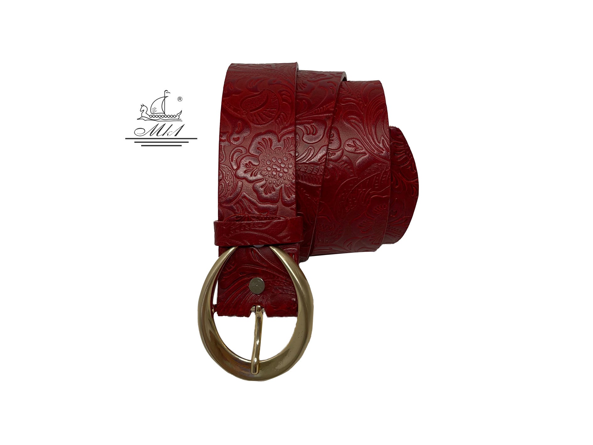 Women's wide belt handcrafted from red natural leather with floral design. 101589/40kk-ll