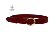 Women's wide belt handcrafted from red natural leather with floral design. 101589/40kk-ll
