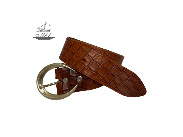 Women's wide belt handcrafted from light brown natural leather with animal print(croco) design. 101589/40t-kr