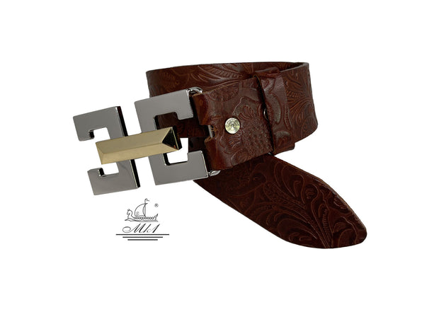 Women's 4cm wide belt handcrafted from leather with flower design 101671/40k/ll