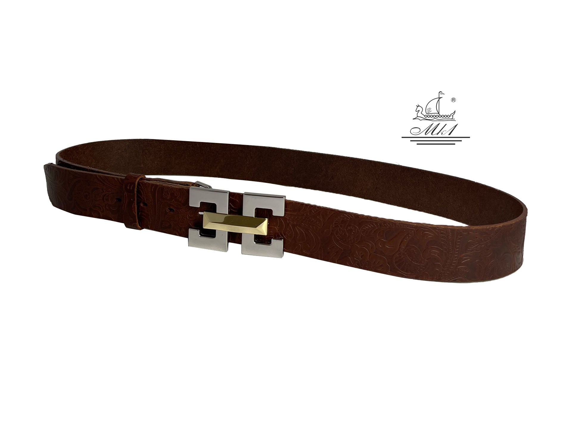 Women's 4cm wide belt handcrafted from leather with flower design 101671/40k/ll