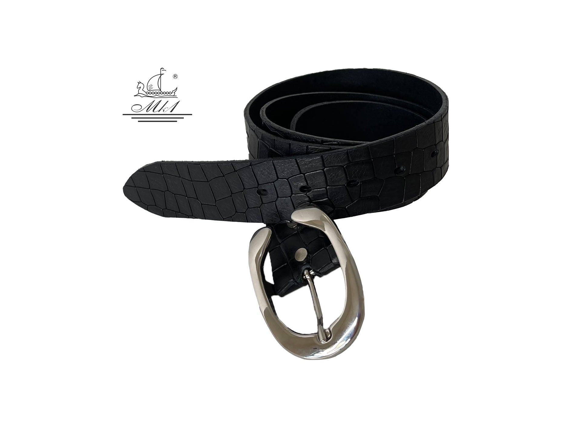 Women's wide belt handcrafted from black natural leather with animal print (croco) design. 101294/40m-kr