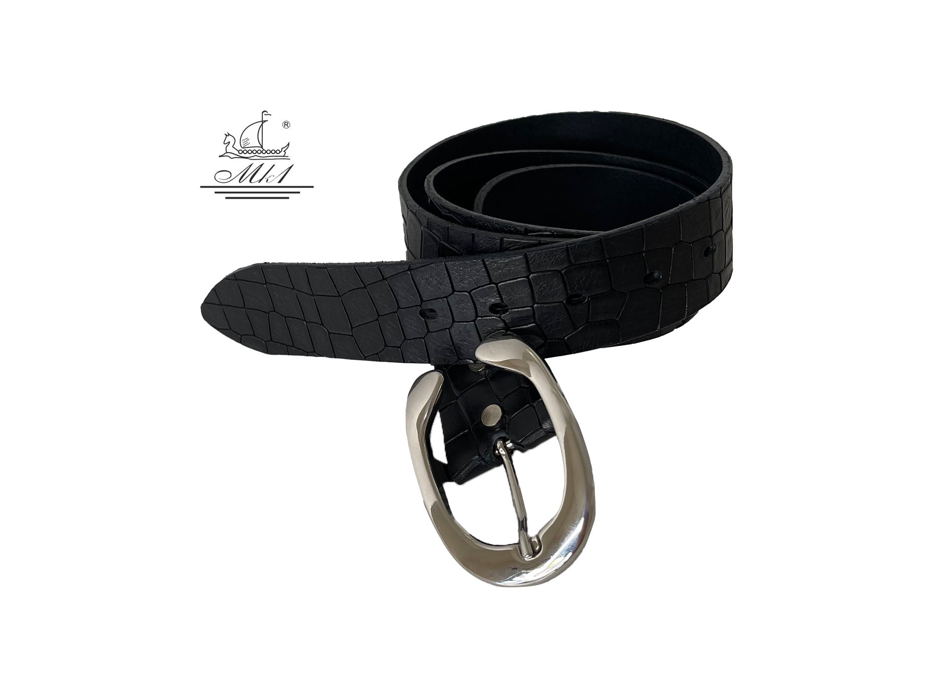 Unisex 4cm wide belt handcrafted from black leather with croco design. 101294/40B/KR