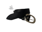 Women's wide belt handcrafted from black natural leather with animal print (snake) design. 101294/40m-fd