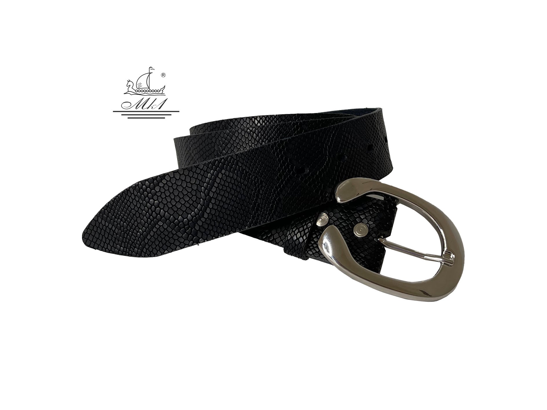 Unisex 4cm wide belt handcrafted from black leather with snake design. 101294/40B/FD