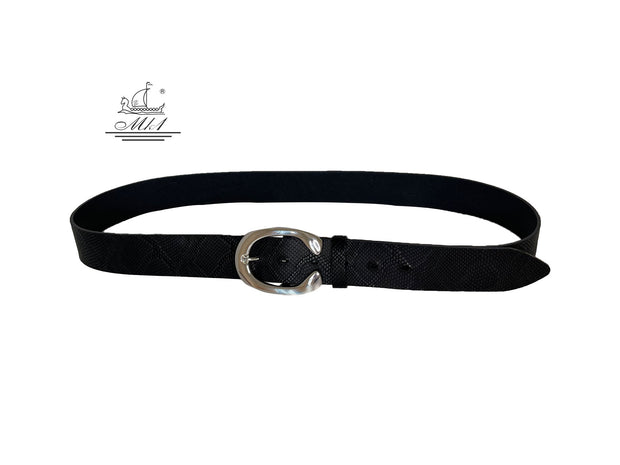 Women's wide belt handcrafted from black natural leather with animal print (snake) design. 101294/40m-fd