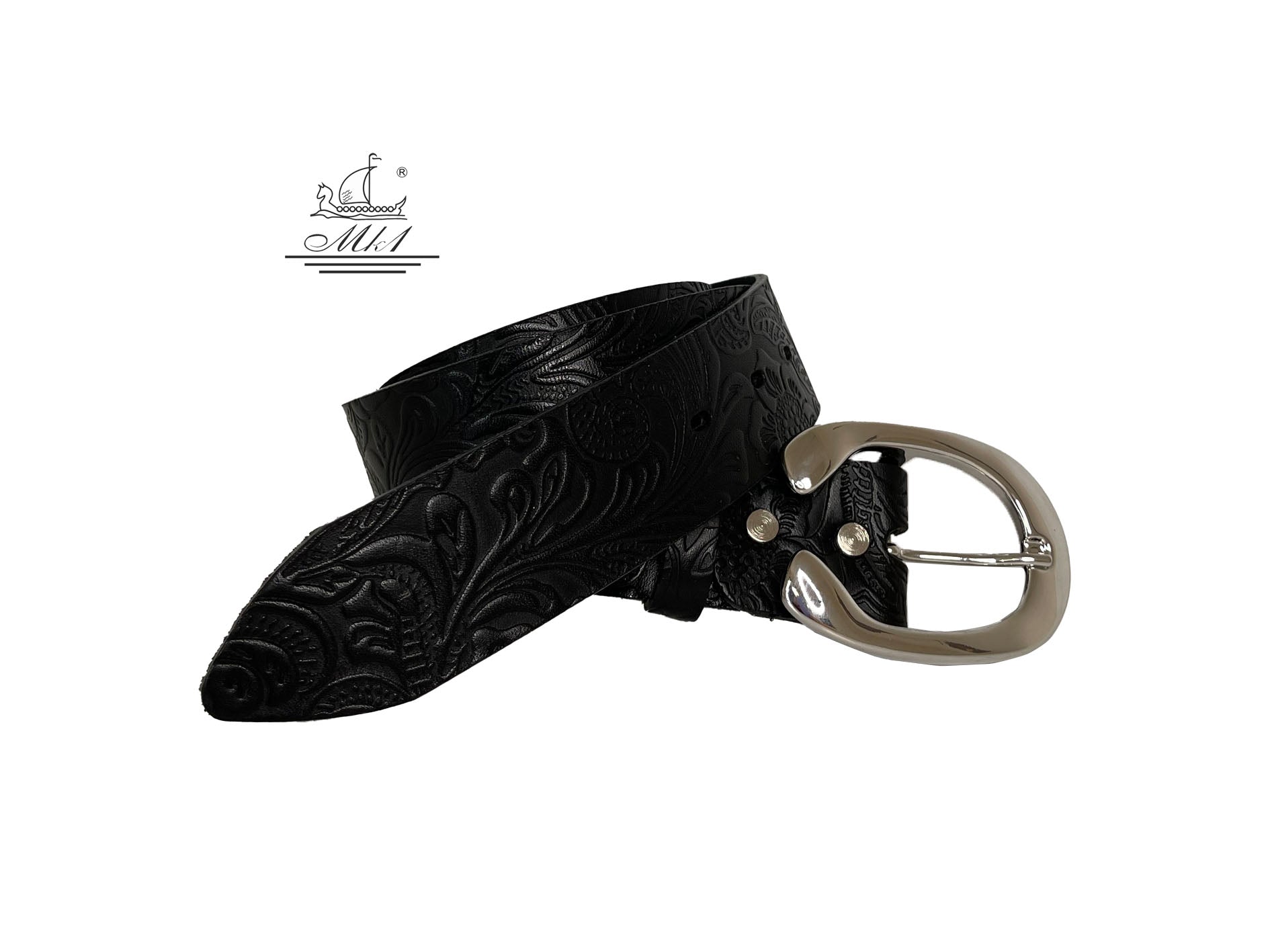 Women's wide belt handcrafted from black natural leather with floral design. 101294/40m-ll