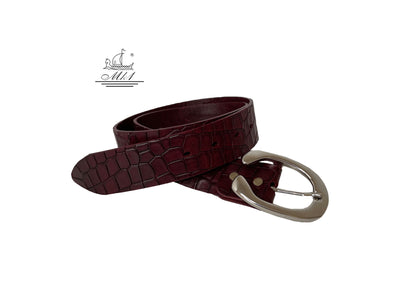 Unisex 4cm wide belt handcrafted from burgundy leather with croco design. 101294/40BG/KR