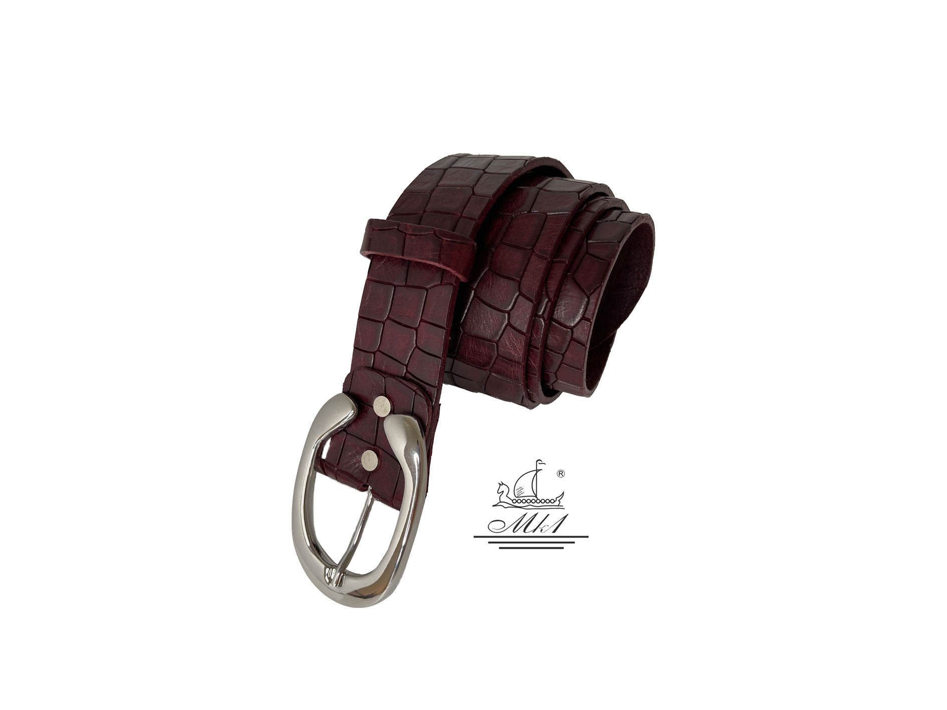 Unisex 4cm wide belt handcrafted from burgundy leather with croco design. 101294/40BG/KR