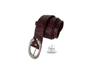 Unisex 4cm wide belt handcrafted from burgundy leather with croco design. 101294/40BG/KR